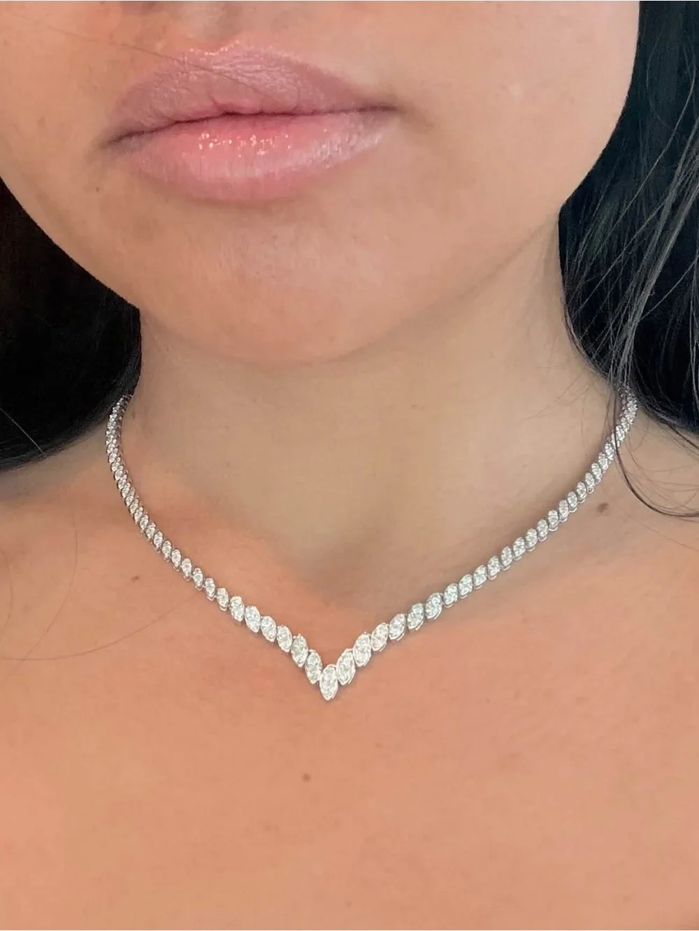 Marquise V-Front Necklace in Silver Tone with Clear Stones